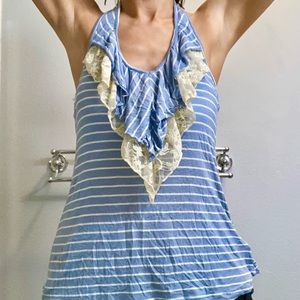 American Eagle blue striped ruffle tank top